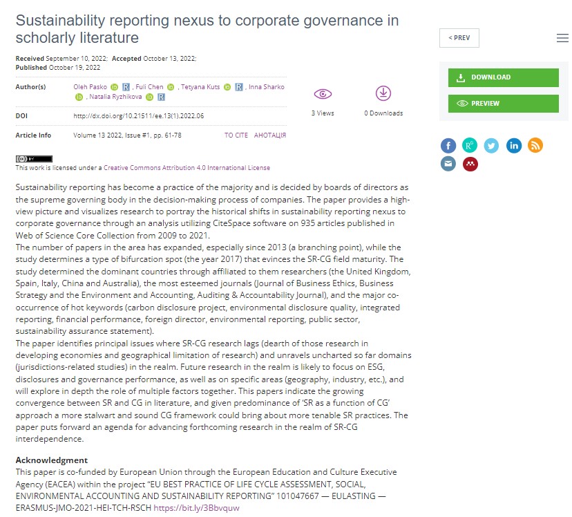 Pasko, O., Chen, F., Kuts, T., Sharko, I., & Ryzhikova, N. (2022). Sustainability reporting nexus to corporate governance in scholarly literature. in Environmental Economics